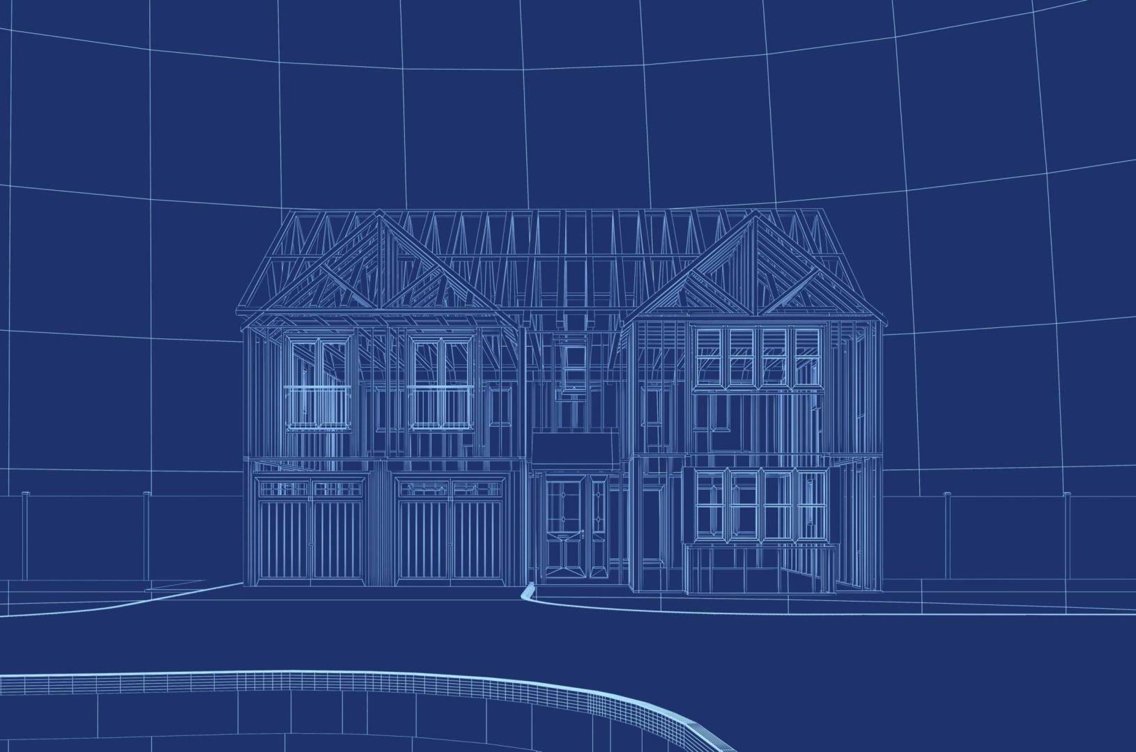A 3d Rendering of a completed newbuild home showing the internal timber structure A 3d Rendering of a completed newbuild home showing the internal timber structure